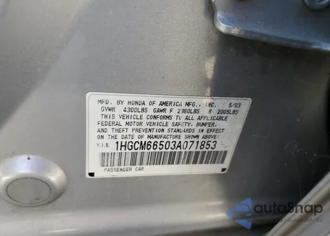 2003 Honda Accord Ex from USA, damaged, VIN 1HGCM66503A071853